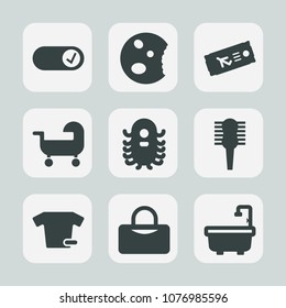 Premium set of fill icons. Such as cake, carriage, cupcake, bathroom, clothing, kid, airplane, chocolate, bakery, comb, space, , airline, alien, cookie, toilet, hair, monster, shirt, fashion, tourism