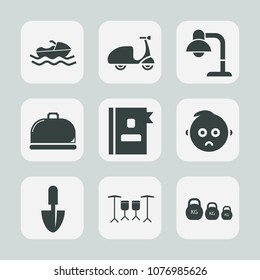 Premium set of fill icons. Such as marine, work, furniture, sign, interior, directory, child, cycle, activity, weight, transport, food, summer, industrial, ocean, phone, sport, ride, restaurant, sad