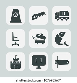 Premium set of fill icons. Such as armchair, monitor, car, construction, comfortable, seafood, service, saw, equipment, white, road, vehicle, sea, food, delivery, chair, boiler, memory, computer, toy