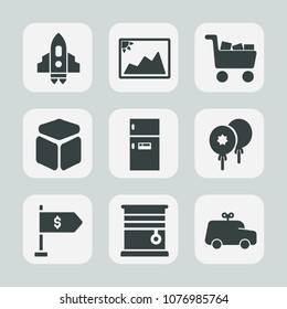 Premium set of fill icons. Such as picture, shuttle, white, money, car, shop, cart, food, birthday, cube, refrigerator, image, sign, photography, square, celebration, kitchen, commerce, photo, toy