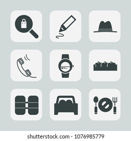 Premium set of fill icons. Such as tool, female, phone, food, office, clothes, stationery, smart, object, cylinder, woman, gadget, spoon, communication, fruit, store, searching, telephone, cap, hat