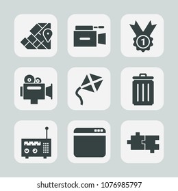 Premium set of fill icons. Such as kite, camera, sky, movie, map, continent, recycling, equipment, winner, leisure, medal, garbage, puzzle, europe, website, summer, browser, internet, sign, world, web