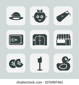 Premium set of fill icons. Such as cute, snack, food, hat, element, baby, girl, restaurant, happy, grocery, play, kid, market, supermarket, people, elevator, holder, cookie, safe, boy, wine, finance