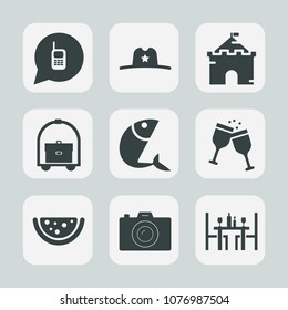 Premium set of fill icons. Such as photographer, wine, hotel, fantasy, country, old, tower, food, camera, building, western, phone, room, american, photography, wild, drink, travel, telephone, alcohol