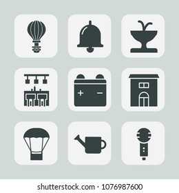 Premium set of fill icons. Such as skydiver, bell, bar, famous, alert, song, white, statue, art, voice, plant, karaoke, fountain, microphone, real, estate, extreme, button, parachute, call, building