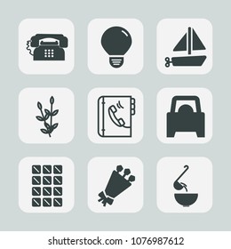 Premium set of fill icons. Such as phone, bulb, idea, plant, telephone, blossom, energy, spoon, space, vehicle, bouquet, summer, transportation, illumination, meal, ship, dessert, wheat, soup, bar
