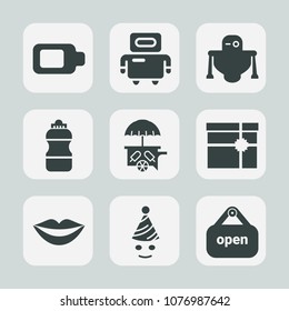 Premium set of fill icons. Such as fun, robotic, charger, box, future, android, van, cyborg, shop, beauty, plastic, open, battery, soda, technology, full, store, energy, robot, ice, vehicle, present