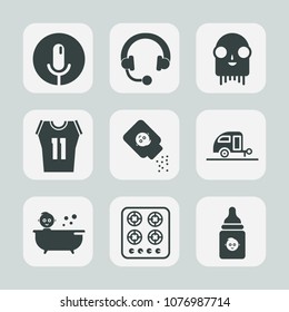 Premium set of fill icons. Such as gas, kid, health, microphone, nutrition, caravan, ufo, baby, stereo, white, listen, shower, food, journey, voice, music, sport, shirt, basketball, record, fiction