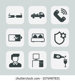 Premium set of fill icons. Such as work, male, half, drink, red, smart, charger, modern, phone, glass, call, bed, concept, bedroom, office, security, man, interior, power, transportation, full, mobile