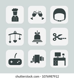 Premium set of fill icons. Such as notification, food, builder, toy, alarm, drink, tool, white, helmet, game, equipment, office, chief, bar, bed, construction, alert, joystick, kitchen, play, bell