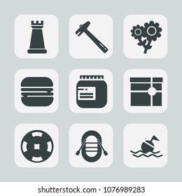 Premium set of fill icons. Such as knight, ship, cheeseburger, gift, flower, snack, sandwich, floral, pawn, jar, hammer, equipment, spring, king, construction, safety, money, buoy, present, glass, jam