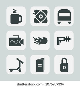Premium set of fill icons. Such as sign, video, universe, espresso, road, technology, security, brochure, camera, cup, planet, vehicle, light, professional, cosmos, passenger, astronomy, lock, drink