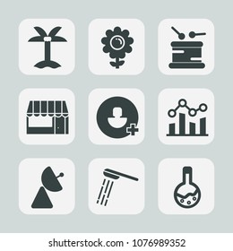 Premium set of fill icons. Such as laboratory, musical, radio, nature, graph, trend, pink, petal, floral, music, finance, antenna, food, bath, sound, blossom, signal, shower, chart, market, technology
