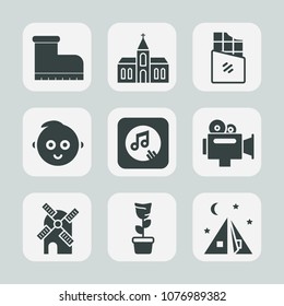 Premium set of fill icons. Such as note, footwear, music, green, church, camp, childhood, camera, religious, tent, dessert, video, leather, pot, energy, equipment, film, mill, architecture, room, boot