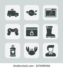Premium set of fill icons. Such as media, button, sign, astronomy, toy, web, boy, fun, website, care, style, planet, galaxy, internet, joystick, saturn, childhood, play, music, seafood, cosmos, lock