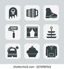 Premium set of fill icons. Such as humanoid, paint, kitchen, dinner, ufo, black, observatory, roll, boot, alien, art, footwear, interior, restaurant, jacket, music, space, fiction, meal, home, sound