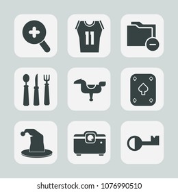 Premium set of fill icons. Such as folder, hat, young, spoon, label, knife, ball, fun, web, smile, zoom, file, fork, glass, happy, circus, key, office, horse, dinner, search, childhood, information