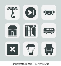 Premium set of fill icons. Such as beach, interior, hook, video, metal, water, furniture, media, web, store, internet, equipment, fishing, retail, snorkeling, transport, road, closed, sport, fish, air