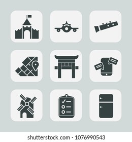 Premium set of fill icons. Such as flight, chat, checklist, electricity, plane, music, pipe, refrigerator, energy, kingdom, aircraft, architecture, mark, airport, building, tower, old, shrine, power