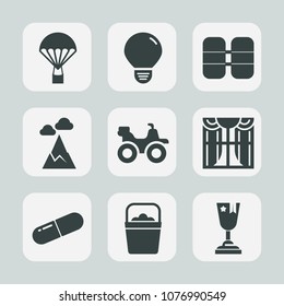 Premium set of fill icons. Such as landscape, pill, object, winner, air, electricity, handle, power, parachute, tank, illumination, blue, light, home, nature, road, bulb, fly, energy, first, regulator