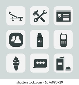 Premium set of fill icons. Such as exercise, phone, tool, spanner, people, button, social, bottle, telephone, wrench, group, sign, teamwork, cream, work, construction, team, beauty, aroma, message