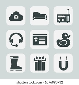Premium set of fill icons. Such as toy, music, photo, box, room, listen, cloud, home, sound, radio, menu, comfort, studio, magnetic, footwear, style, internet, present, sign, comfortable, duck, magnet
