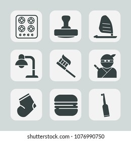 Premium set of fill icons. Such as mark, cooking, decoration, lamp, appliance, japanese, electric, surf, warm, clothes, home, sign, winter, food, stove, tooth, socks, health, stamp, interior, burger
