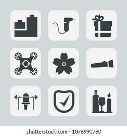 Premium set of fill icons. Such as birthday, torch, clinic, present, dentist, child, tool, weight, spring, dental, drill, alcohol, toy, night, blossom, drink, equipment, car, bear, fitness, light, box