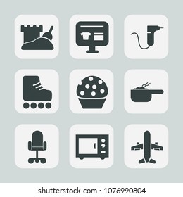 Premium set of fill icons. Such as pot, chair, tower, sand, drill, skating, medicine, ecommerce, cart, food, airplane, cake, doughnut, sweet, meal, business, sea, skate, sport, kitchen, office, beach