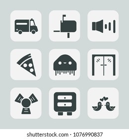 Premium set of fill icons. Such as post, care, architecture, space, box, sound, pizza, ufo, animal, pigeon, cold, door, fiction, message, mail, handle, letter, audio, mailbox, communication, dove
