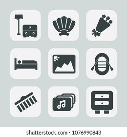 Premium set of fill icons. Such as bed, boat, stroke, shell, sailboat, object, blossom, ocean, picture, music, table, furniture, mollusk, house, hotel, white, sea, drawer, frame, bunch, brush, pink