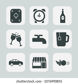 Premium set of fill icons. Such as object, water, alcohol, pin, time, tea, drink, ball, gambling, play, casino, red, wine, bell, market, minute, sport, store, alarm, highway, hour, watch, crane, food