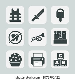 Premium set of fill icons. Such as kitchen, cake, music, play, vest, child, cream, equipment, dentist, table, supermarket, grocery, trumpet, meal, dinner, knife, sound, sweet, jacket, fork, doughnut