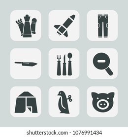 Premium set of fill icons. Such as clothing, knife, kitchen, penguin, wear, technology, knight, baby, web, pork, dinner, king, tent, children, spaceship, outdoor, fork, rocket, equipment, camp, chess