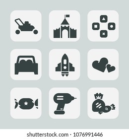 Premium set of fill icons. Such as medieval, transportation, computer, lawn, game, background, spaceship, grass, car, lollipop, candy, gaming, castle, garden, space, industry, heart, architecture, fun