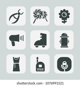 Premium set of fill icons. Such as boy, female, candy, roller, sport, sweet, fun, microphone, water, fire, fashion, tool, blossom, care, food, clinic, lolly, loudspeaker, striped, drill, child, radio