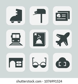 Premium set of fill icons. Such as transportation, skate, aircraft, airplane, graph, eyeglasses, modern, delivery, message, sport, document, post, menu, business, box, flight, roller, mail, desk, sign