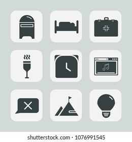 Premium set of fill icons. Such as hour, home, time, envelope, sign, mailbox, music, medical, letter, aid, watch, closed, bulb, idea, open, furniture, online, alcohol, light, emergency, bed, house