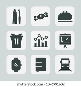Premium set of fill icons. Such as book, lolly, care, graph, hygiene, travel, sport, technology, tooth, dish, shirt, toothpaste, candy, health, food, brush, striped, basketball, sweet, dessert, report