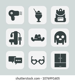 Premium set of fill icons. Such as machine, white, dessert, hairdresser, sweet, hairdryer, food, sport, bag, monster, headwear, strawberry, education, bubble, summer, exercise, school, cream, glasses