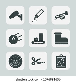 Premium set of fill icons. Such as stationery, picture, guard, trumpet, luggage, camera, ball, business, protection, pencil, auto, leather, footwear, competition, image, tool, car, safety, fun, style