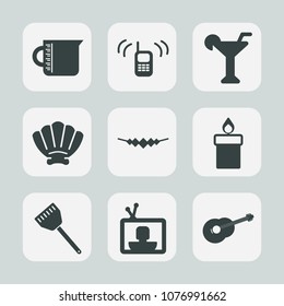 Premium set of fill icons. Such as equipment, support, kitchen, bar, candle, nature, sea, connection, guitar, musical, container, jewelry, seashell, martini, decoration, call, measurement, phone, tv