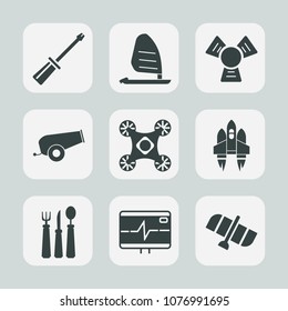 Premium set of fill icons. Such as gun, speed, plastic, spoon, surf, space, ocean, repair, pulse, heart, equipment, screw, cooler, rocket, station, technology, man, wind, sport, work, surfer, drone