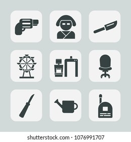Premium set of fill icons. Such as fork, scan, equipment, child, restaurant, london, chair, fun, fashion, wheel, beautiful, military, park, eye, boy, home, carousel, firearm, plant, can, gardening
