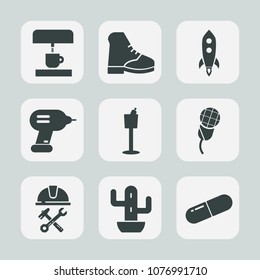 Premium set of fill icons. Such as green, medicine, mic, coffee, pill, rocket, medical, nature, boot, industry, karaoke, drink, holder, plant, helmet, black, wine, music, foreman, restaurant, desert