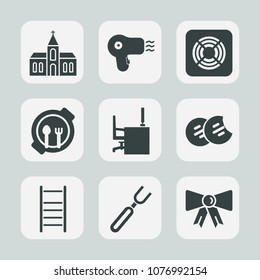 Premium set of fill icons. Such as fashion, tie, hair, sweet, food, suit, dryer, knife, fork, catholic, dinner, church, hairdryer, sign, religion, christian, work, spoon, chapel, desk, religious, fan