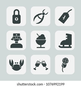 Premium set of fill icons. Such as lock, label, equipment, drill, key, nurse, cream, doctor, dental, seafood, protection, tool, flight, sound, plane, dentistry, dessert, mic, health, medicine, fresh