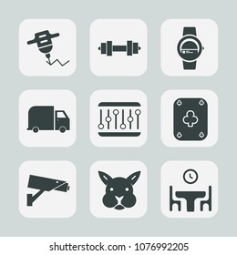 Premium set of fill icons. Such as rabbit, play, touch, electric, sport, security, weight, animal, table, camera, truck, construction, home, repair, equipment, screen, dumbbell, smart, gadget, game