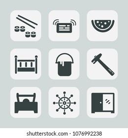 Premium set of fill icons. Such as bed, hammer, cabinet, web, restaurant, painter, fruit, spanner, paint, fresh, house, car, ship, salmon, wheel, watermelon, sign, rudder, internet, japanese, color