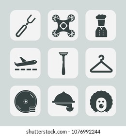 Premium set of fill icons. Such as cd, disc, radio, chief, camera, dinner, service, plane, copter, blade, food, circus, scary, fashion, meal, flight, waitress, holiday, wireless, cloakroom, waiter